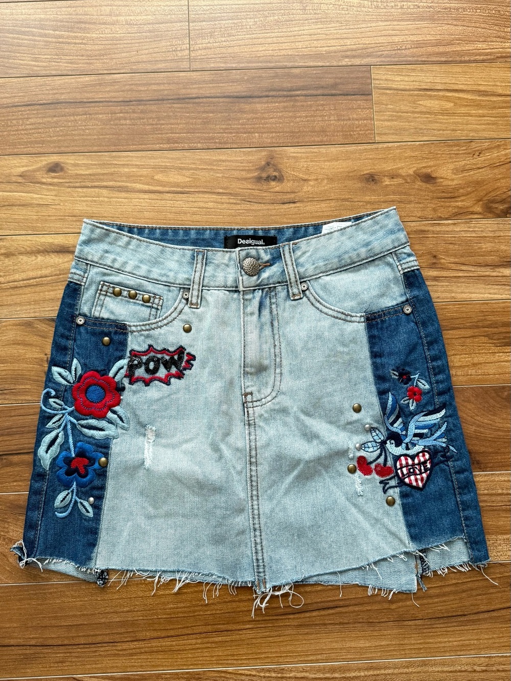 Desigual Light Blue and Dark Blue Embroidered Denim Mini Skirt (NWOT)
